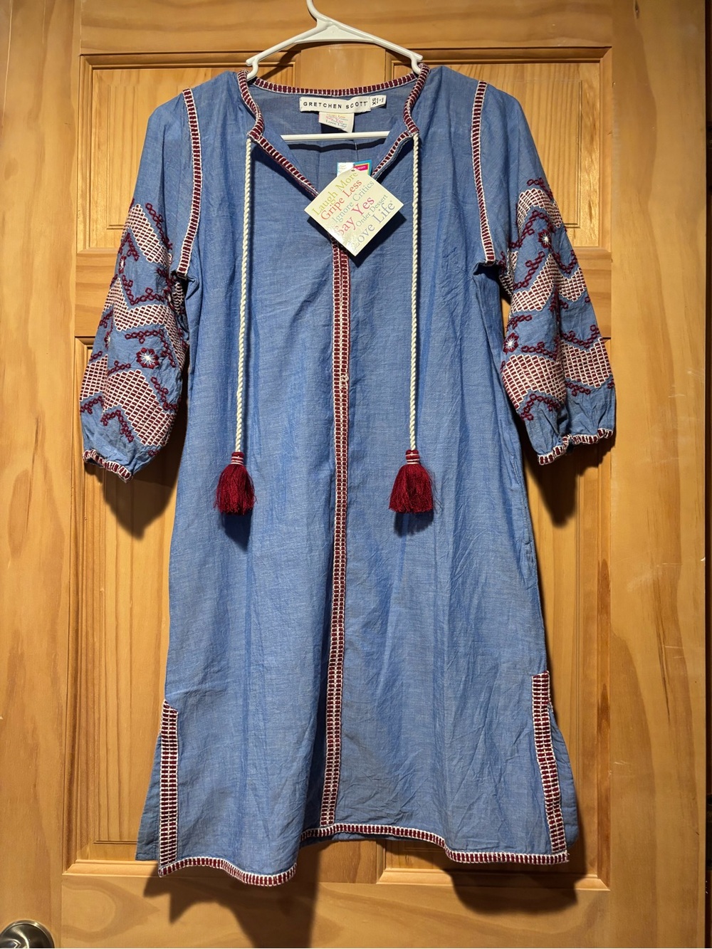 Gretchen Scott Designs Blue Midi Dress with Burgundy Embroidery and Tassels
